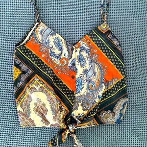 Bandana pattern silk tie front blouse